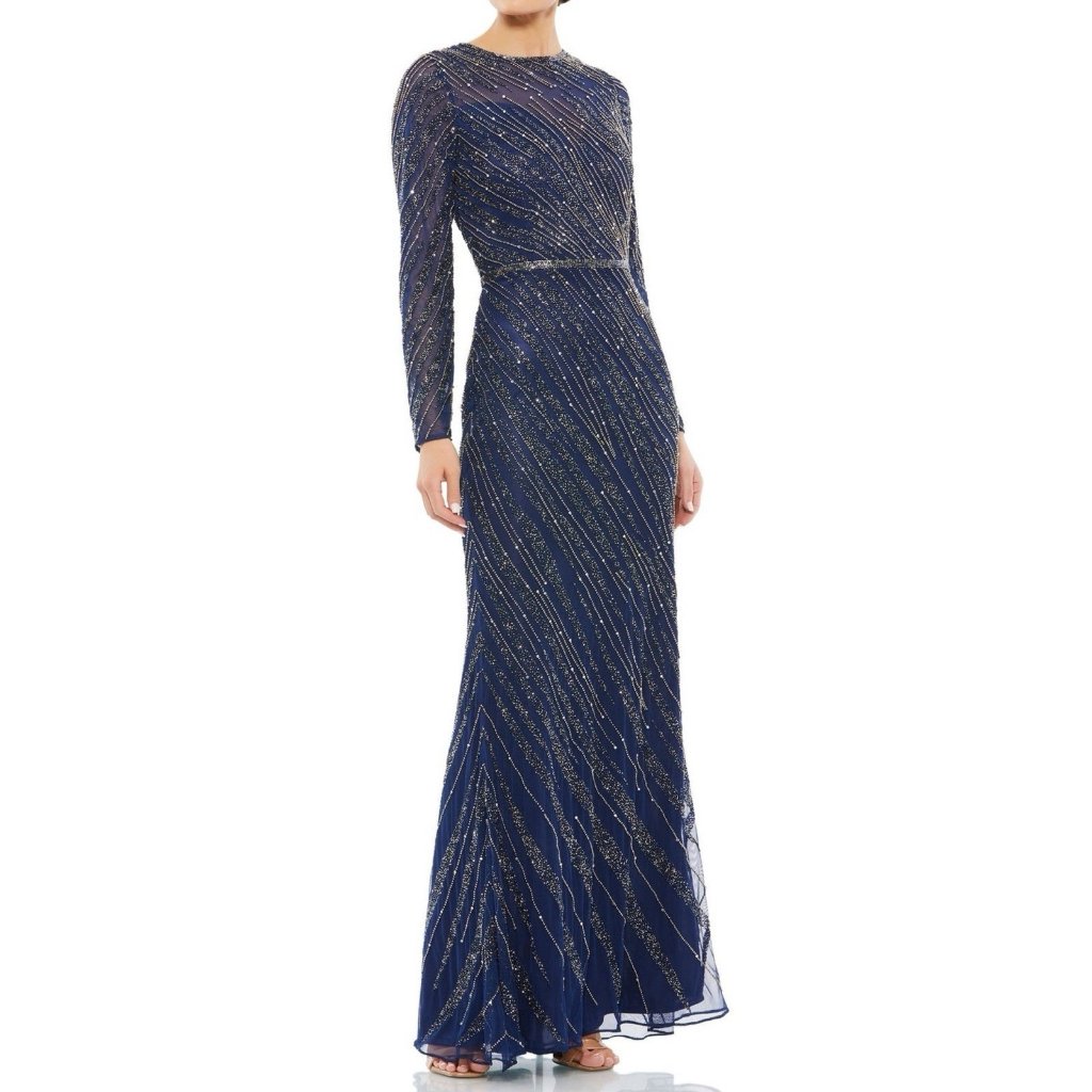 Mac Duggal Navy Blue Beaded Long Sleeve Maxi Gown